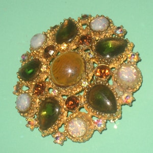 Olivine and Topaz Brooch, CLEARANCE Opal Stones, Adorned, Pear and Round Stones, Gold Tone, Romantic Art Nouveau, Green and Topaz and Opal