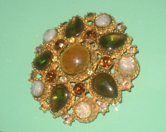 Olivine and Topaz Brooch, CLEARANCE Opal Stones, Adorned, Pear and Round Stones, Gold Tone, Romantic Art Nouveau, Green and Topaz and Opal