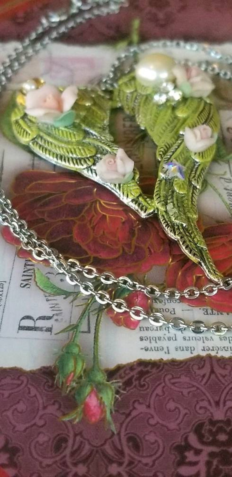 Rhinestone Embellishments Romantic Angel Wings Necklace Pearl Moss Patina Hand Painted Patina Rose Accents Stainless Steel Chain