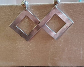 Sterling Silver Square Earrings, Sterling, Pointed Angle Down, Lightweight, Classic Design, Thin Sterling Silver, Open Pattern Sterling