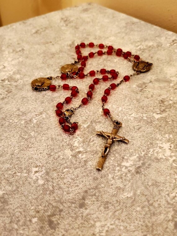 Red Rosary, Catholic Beaded Glass Rosary, John Pau