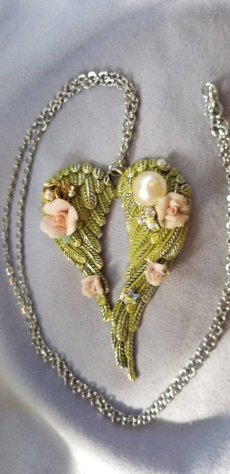 Rhinestone Embellishments Romantic Angel Wings Necklace Pearl Moss Patina Hand Painted Patina Rose Accents Stainless Steel Chain