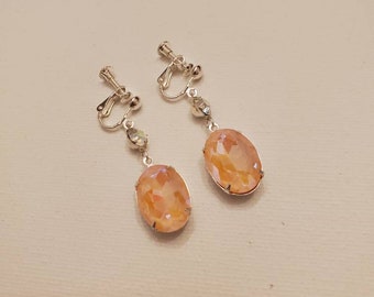 Peach Crystal Earrings, Silver, Screw On Lever Back, Peach Faceted Stone, Silver Plated, Aurora Borealis Rhinestone Accent, Peach Color