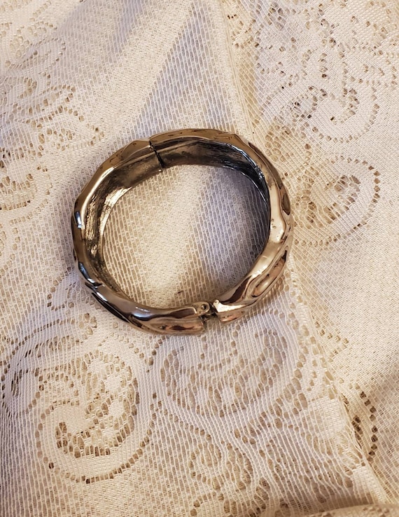 Large Silver Bracelet, Bangle Type, Unique Indent… - image 4