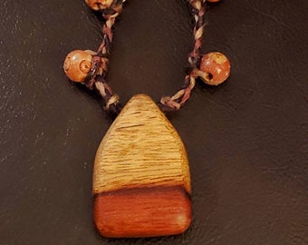 Padauk Exotic Wood Necklace, Unique Designed Wood Necklace, Genuine Stone Beads, Braided Cord, Exotic Wood Designed Necklace