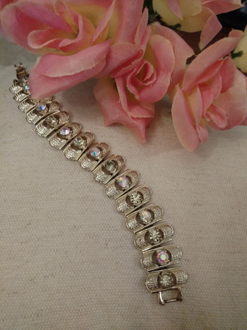 Stamped Light Gold Tone CORO Designer Bracelet Strappy Style Rhinestone Bracelet Aurora Borealis Pale Yellow and AB Stones