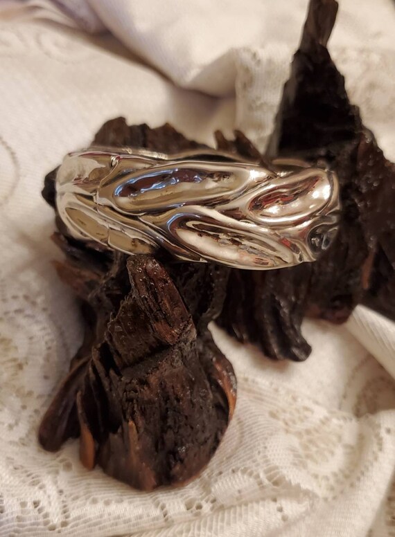 Large Silver Bracelet, Bangle Type, Unique Indent… - image 5