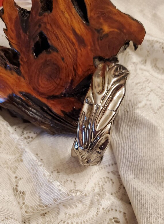 Large Silver Bracelet, Bangle Type, Unique Indent… - image 1