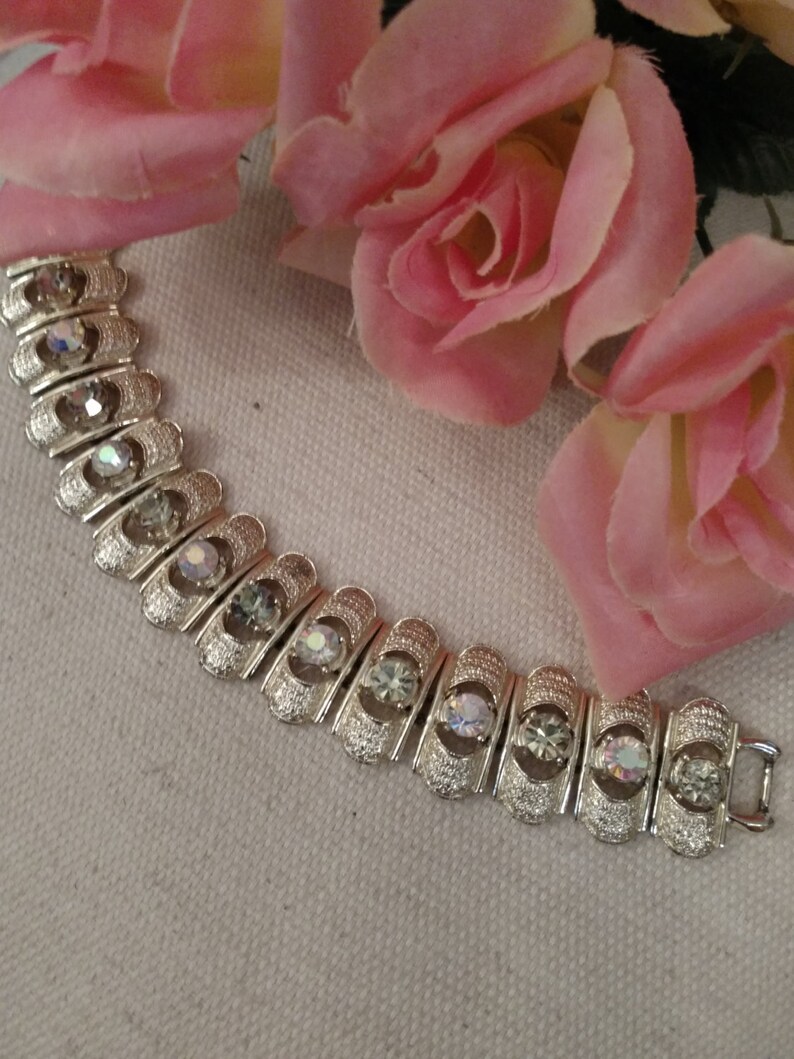 Stamped Light Gold Tone CORO Designer Bracelet Strappy Style Rhinestone Bracelet Aurora Borealis Pale Yellow and AB Stones