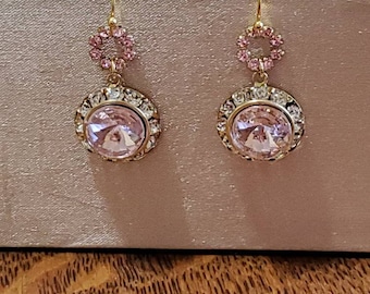 Pink Rivoli Crystal Earrings, Bezel, Gold Plated Frames, Dangle, Pink Earrings, Rhinestone Connector, Pierced, Gold Plated Ear Wires