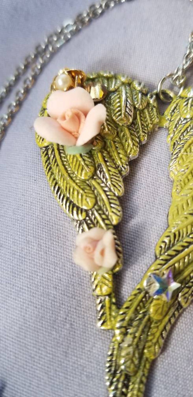 Rhinestone Embellishments Romantic Angel Wings Necklace Pearl Moss Patina Hand Painted Patina Rose Accents Stainless Steel Chain