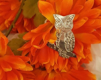 Spilla a forma di gufo in argento sterling, dettagliata, timbrata, spilla a forma di gufo, spilla dettagliata in argento sterling, vintage, 925 sterling, spilla a forma di gufo dettagliata