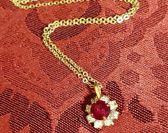 Red Birthstone Necklace, Gold Cable Chain, Costume Jewelry, Small Gold Chain, Red Crystal Flower Pendant, Clear Rhinestones, Birthstone