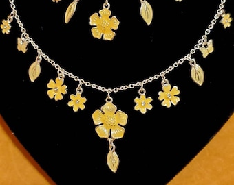 Daisy Chain Necklace, Earrings, Matching Necklace & Earrings Set, Yellow Silver Chain, Double Strand, Well Made Costume Jewelry Spring