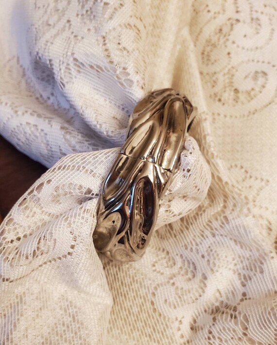 Large Silver Bracelet, Bangle Type, Unique Indent… - image 7