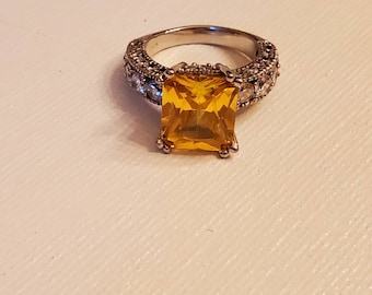 Silver Citrine and Clear Stones Ring, CZ's Silver, Stamped .925, High Quality, Large Stone, Great Condition, Stamped, Nice Vintage Piece