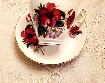 Regency Bone China Saucer Set, Tea Cup and Saucer Set, Gold Trim, Vibrant Color, Collectible Vintage Set, Bone China Set, Pink Shades