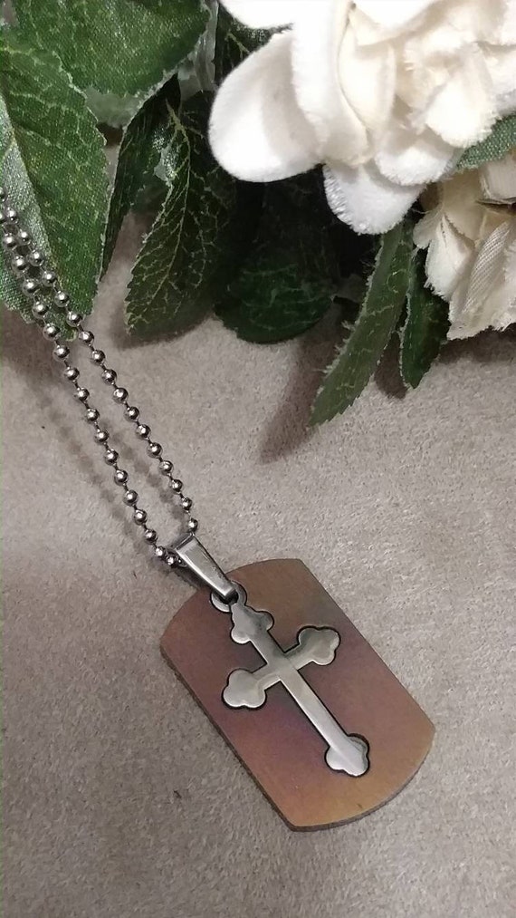 Heat Treated Cross Stainless Steel Necklace Dog Tag - Mens Stainless Steel Dog Tag With Cross Pendant Heat Treated Cross Stainless Steel Necklace Dog Tag - Mens Stainless Steel Dog Tag With Cross Pendant
