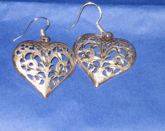 Sterling Filigree Heart Earrings, Pattern, Romantic, Filigree, Pierced Sterling Hearts, Dangle Heart Earrings, Sterling Silver Pierced