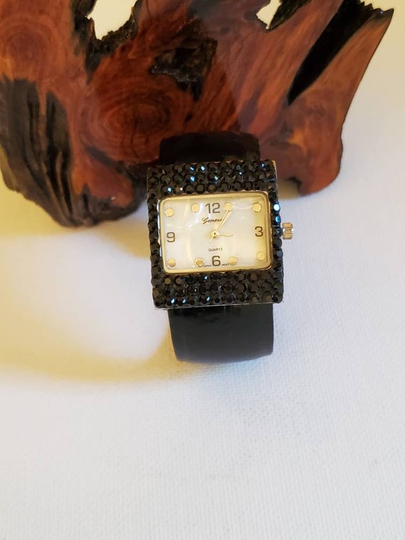 Black Rhinestone Watch, Ladies Wrist Watch, Expan… - image 1