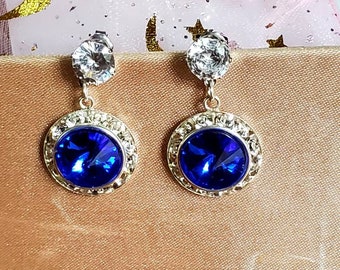 Sapphire Blue Crystal Earrings, Silver Plated, Rhinestone Bezel, Sapphire Blue Rivoli Crystals, Dangle, Dress Accessory, Sapphire Blue Color