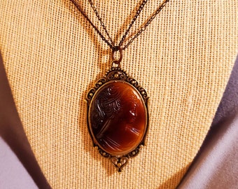 Cameo Necklace, Tortoise, Lady, Antique Gold, Lady Cameo Necklace, Antique Gold Cameo, Double Chain, Antique Gold, Chain Necklace