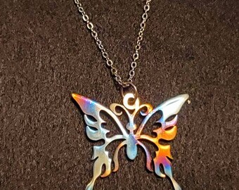 Heat Treated Butterfly Necklace, Naturally Heated, No Chemicals, Treated Stainless Steel Necklace, Butterfly, Stainless, Hypoallergenic