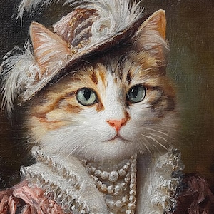 May include: A detailed oil painting of a cat wearing a feathered hat, pearl necklace, and a pink and white ruffled collar. The cat has green eyes and a pink nose. The artwork has a vintage, regal aesthetic.