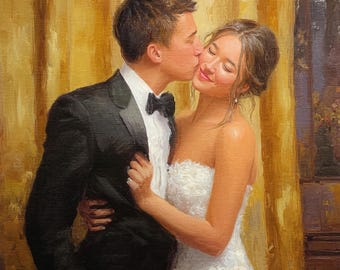 May include: Oil painting of a couple on their wedding day. The man in a black tuxedo kisses the woman on the cheek. She wears a white strapless wedding dress. The background is a golden curtain.