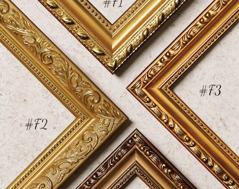 May include: Four gold-colored picture frame corners labeled #F1, #F2, #F3, and #F4. Each frame features distinct embossed patterns, including beaded edges, floral motifs, and scrollwork. The frames exhibit varying shades of metallic gold and bronze.