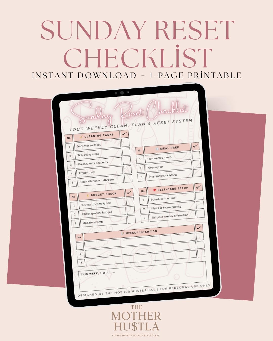 Sunday Reset Checklist | 1-page Printable Weekly Reset Planner ...