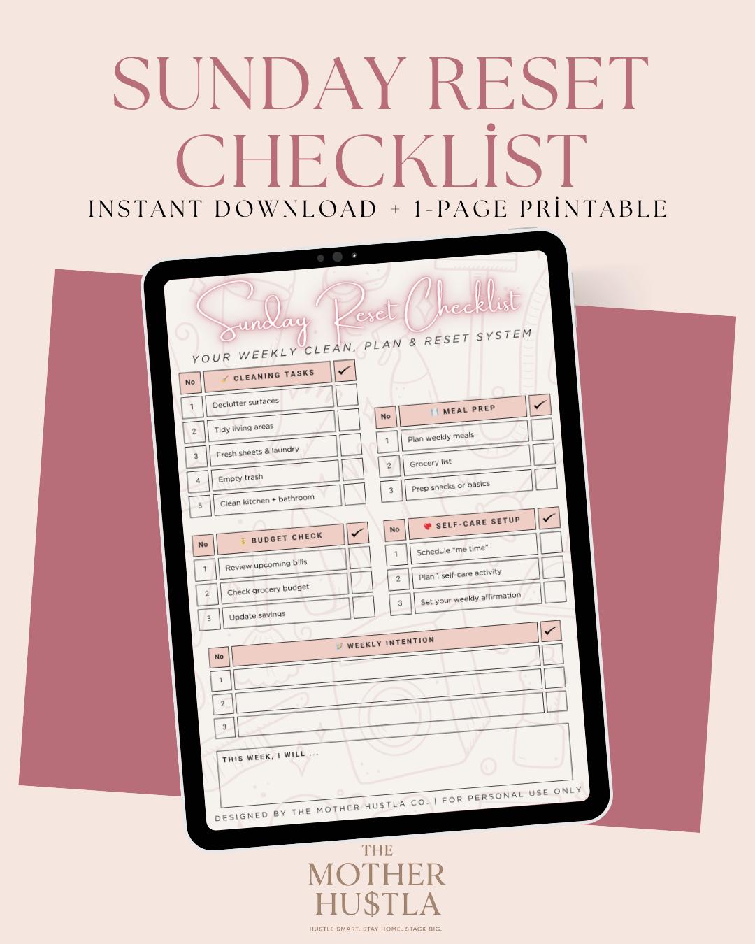 Sunday Reset Checklist | 1-page Printable Weekly Reset Planner ...