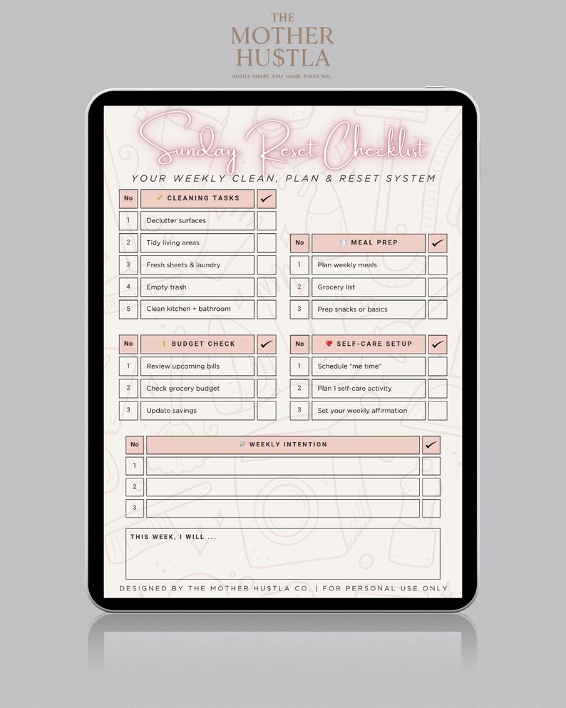 Sunday Reset Checklist | 1-page Printable Weekly Reset Planner ...
