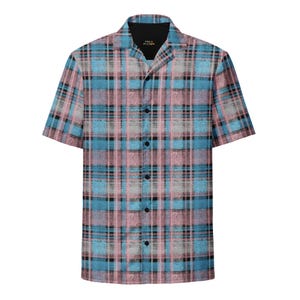 May include: Short-sleeved shirt with a plaid design in pink, blue, grey, and black. The shirt features a camp collar and a black inner collar. The brand name "PUBLIC POSSESSION" is printed on the collar.