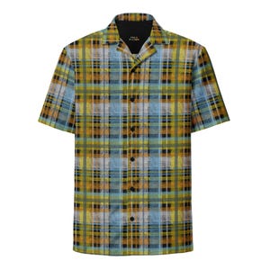 May include: Short-sleeved shirt with a plaid design in yellow, blue, and black. The shirt features a camp collar and black buttons. The brand name "PUBLIC POSSESSION" is printed on the inside collar.