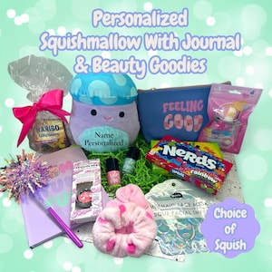 May include: A gift set with a mushroom-shaped plush toy, journal, and beauty items. The set includes a blue cosmetic bag with "Feeling Good" text, candy, nail polish, a face mask, and a pink scrunchie. The set is on a bed of green paper.