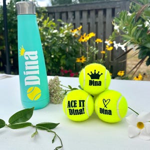 Custom Tennis Gift Set – 3 Personalized Tennis Balls & Stainless Steel Water Bottle – Unique Gift for Tennis Players