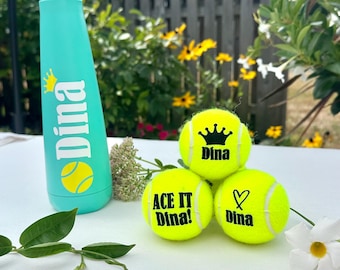 Custom Tennis Gift Set – 3 Personalized Tennis Balls & Stainless Steel Water Bottle – Unique Gift for Tennis Players
