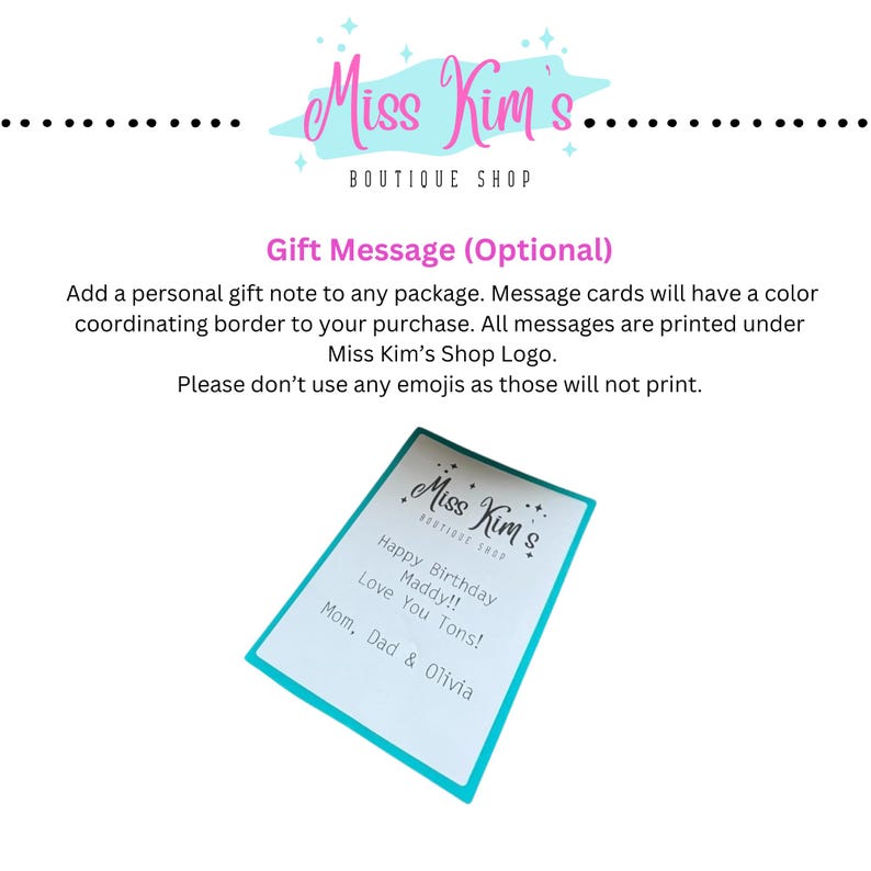 Puede incluir: Se muestra una tarjeta de mensaje de regalo con un borde turquesa. La tarjeta dice "&iexcl;Feliz cumplea&ntilde;os Maddy!! &iexcl;Te quiero mucho! Mam&aacute;, pap&aacute; y Olivia". La tarjeta es de Miss Kim's Boutique Shop.