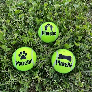 Personalized Dog Tennis Balls with Pet&#39;s Name and Paw Print, Bone or Dog House Images (Single Ball or Set of 3)