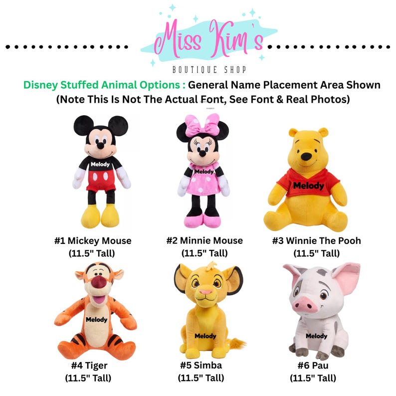 Puede incluir: Seis peluches de Disney, cada uno de 29,2 cm de altura, incluyendo Mickey Mouse, Minnie Mouse, Winnie the Pooh, Tigger, Simba y Pau. Cada peluche tiene una etiqueta con el nombre "Melody". La imagen incluye el texto "Miss Kim's Boutique Shop".