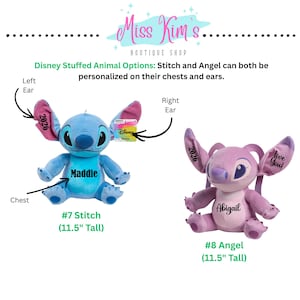 Puede incluir: Se muestran dos peluches de Disney, Stitch y Angel. Stitch es azul con orejas rosas, y Angel es rosa. Ambos miden 29,2 cm de alto y se pueden personalizar en el pecho y las orejas. El texto "Miss Kim's Boutique Shop" est&aacute; en la parte superior.