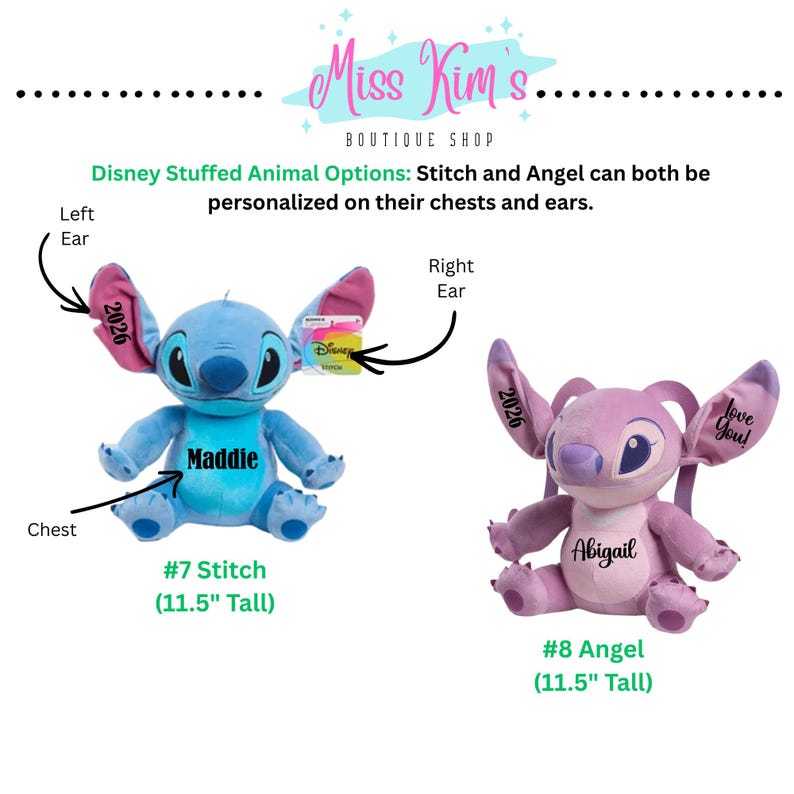 Puede incluir: Se muestran dos peluches de Disney, Stitch y Angel. Stitch es azul con orejas rosas, y Angel es rosa. Ambos miden 29,2 cm de alto y se pueden personalizar en el pecho y las orejas. El texto "Miss Kim's Boutique Shop" est&aacute; en la parte superior.