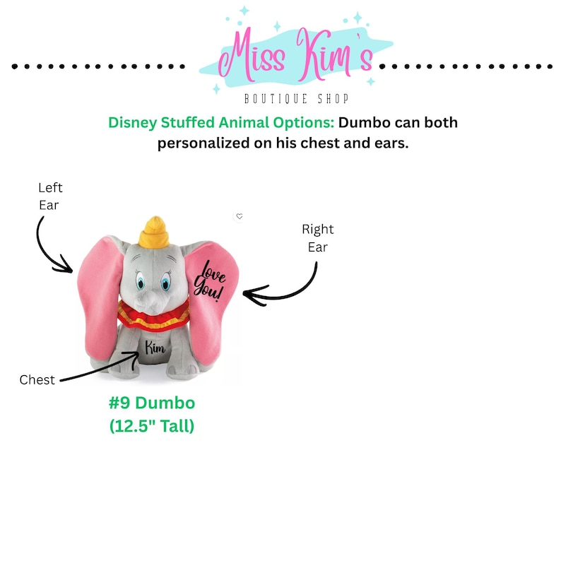 Puede incluir: Un peluche de Dumbo gris con orejas rosas y un sombrero amarillo. El texto "love you!" est&aacute; en una oreja. El peluche mide 31,75 cm de alto y se puede personalizar en el pecho y las orejas.