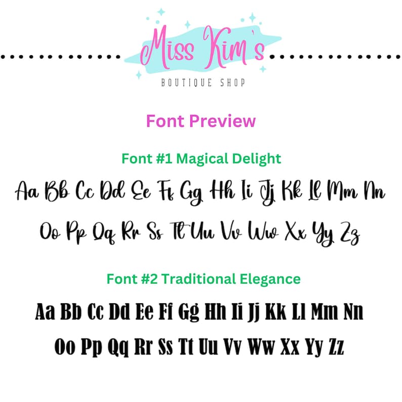 Puede incluir: Un fondo blanco muestra vistas previas de fuentes de Miss Kim's Boutique Shop. El texto incluye "Vista previa de fuente" y ejemplos de dos fuentes: "Magical Delight" y "Traditional Elegance", mostrando may&uacute;sculas y min&uacute;sculas.