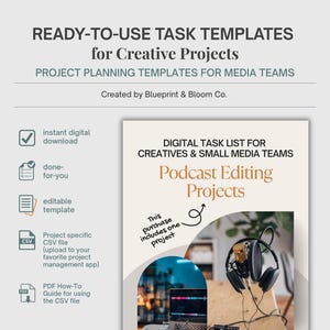 May include: A digital task list template for creatives and small media teams, titled "Podcast Editing Projects." The image includes icons for instant download, editable templates, and CSV files. Text reads "Save time & focus on what you do best!"
