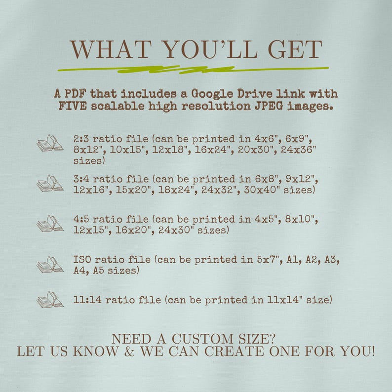May include: A digital art print details the file types and sizes available. Text includes "WHAT YOU'LL GET" and lists file ratios like 2:3, 3:4, 4:5, ISO, and 11:14, with corresponding print sizes in inches. It also mentions a Google Drive link.
