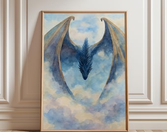 Lámina de acuarela «Dragón azul entre las nubes» (descarga digital) / Arte mural de fantasía suave con temática literaria