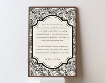 Arte con cita vintage de El Señor de los Anillos / Cuernos de Rohan del épico Retorno del Rey / Decoración para rincón de lectura / Lámina botánica estilo Dark Academia / Regalo de Tolkien para lectores