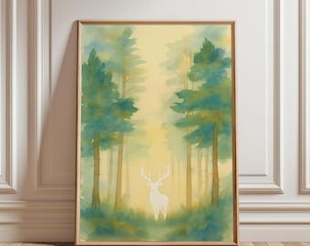 Throne of Glass Print: White Stag Watercolor Forest (Digital Download) | Lord of the North Bookish Art Decor